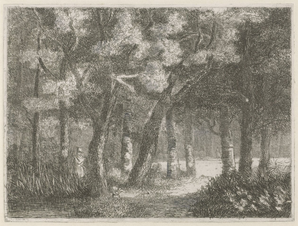 Hunter og hunden hans i skogen av Hermanus Jan Hendrik van Rijkelijkhuysen