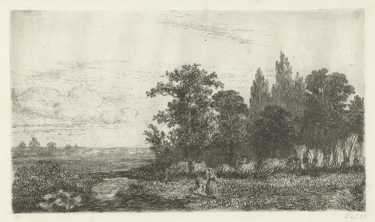 Mann og kvinne ved en bekk i skogkanten av Hermanus Jan Hendrik van Rijkelijkhuysen