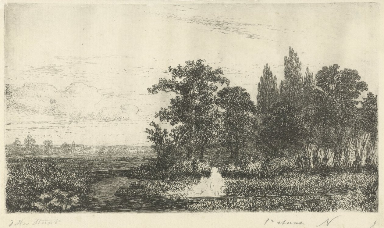 Mann og kvinne ved en bekk i skogkanten av Hermanus Jan Hendrik van Rijkelijkhuysen