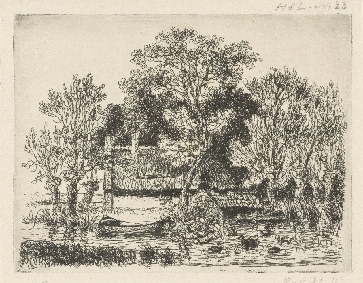 Utsikt over elven med en lekter og ender av Hermanus Jan Hendrik van Rijkelijkhuysen