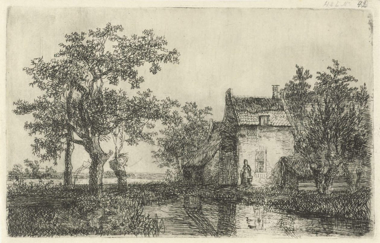 Kvinne med en kurv foran et gårdshus på vannet av Hermanus Jan Hendrik van Rijkelijkhuysen