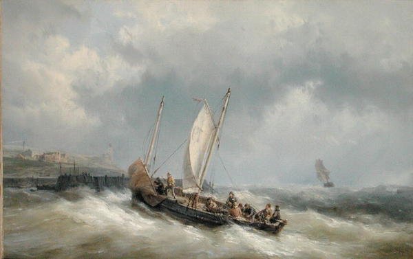 En Lugger kommer inn i havn i en storm (olje på lerret) av Hermanus Koekkoek