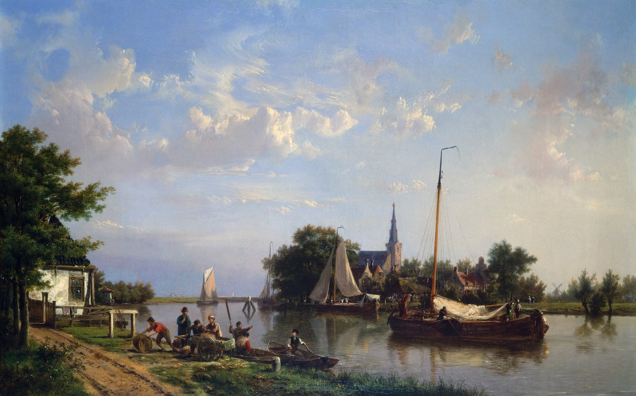 Lektere på en kanal om sommeren (olje på lerret) av Hermanus Koekkoek