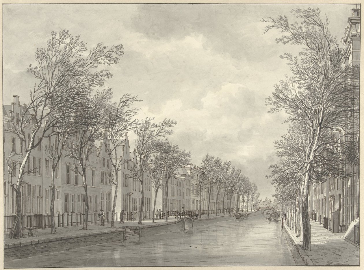 Utsikt over Rapenburg i Leiden fra Groenebrug, 1807 av Hermanus Numan (signed by artist)
