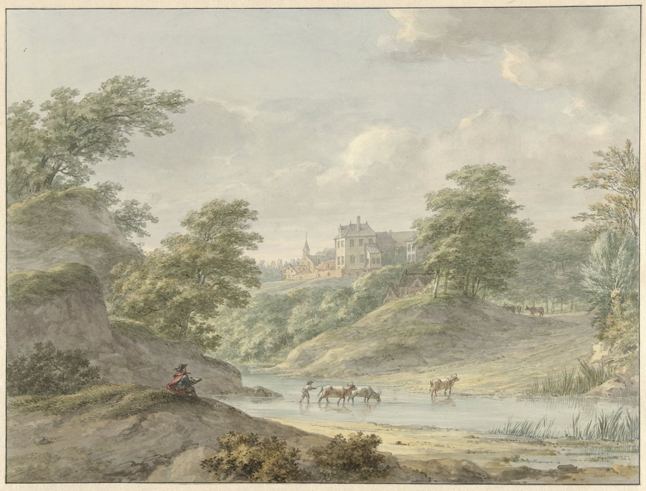 Landskap med en sittende tegner og et slott på vannet av Hermanus Numan
