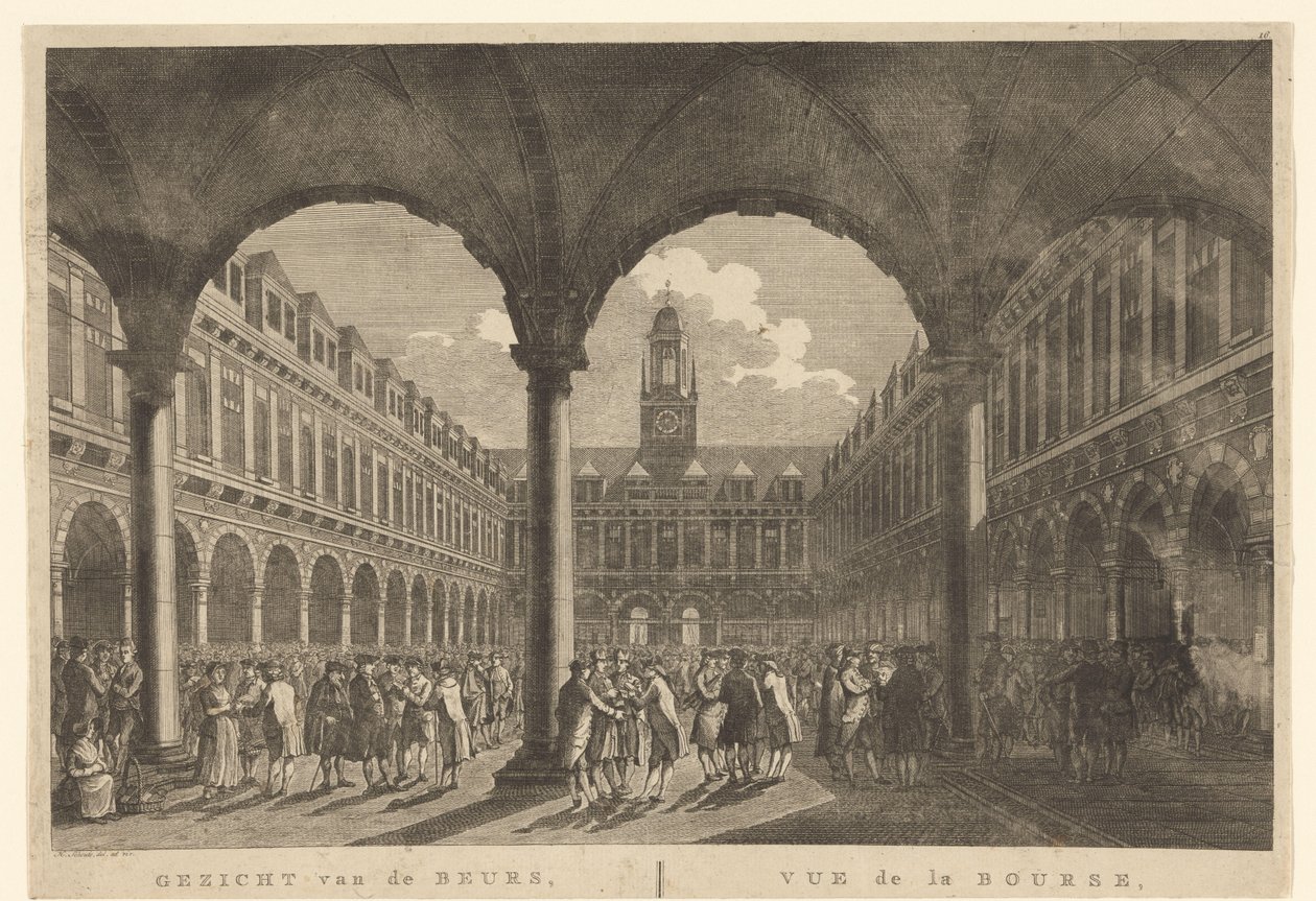 Utsikt over gårdsplassen til Beurs van Hendrick de Keyser Utsikt over børsen, i Amsterdam / Vue de la Bourse, à Amsterdam (tittel på objekt) av Hermanus Petrus Schouten (possibly)