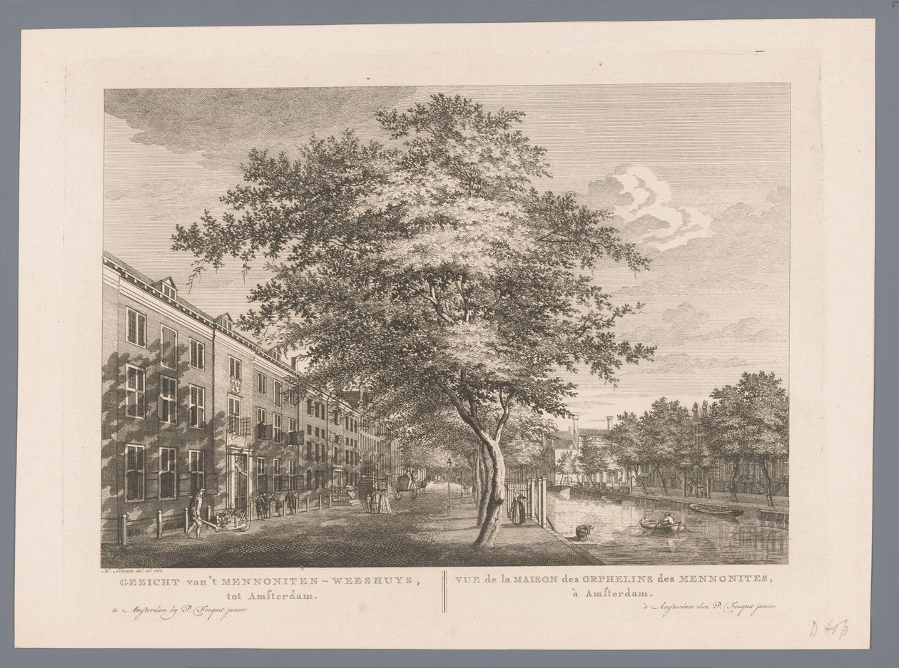 Utsikt over Mennonite barnehjemmet i Amsterdam Utsikt over Mennonite barnehjemmet, til Amsterdam / Vue de la Maison des Orphelins des Mennonites, à Amsterdam (tittel på objekt) av Hermanus Petrus Schouten (possibly)