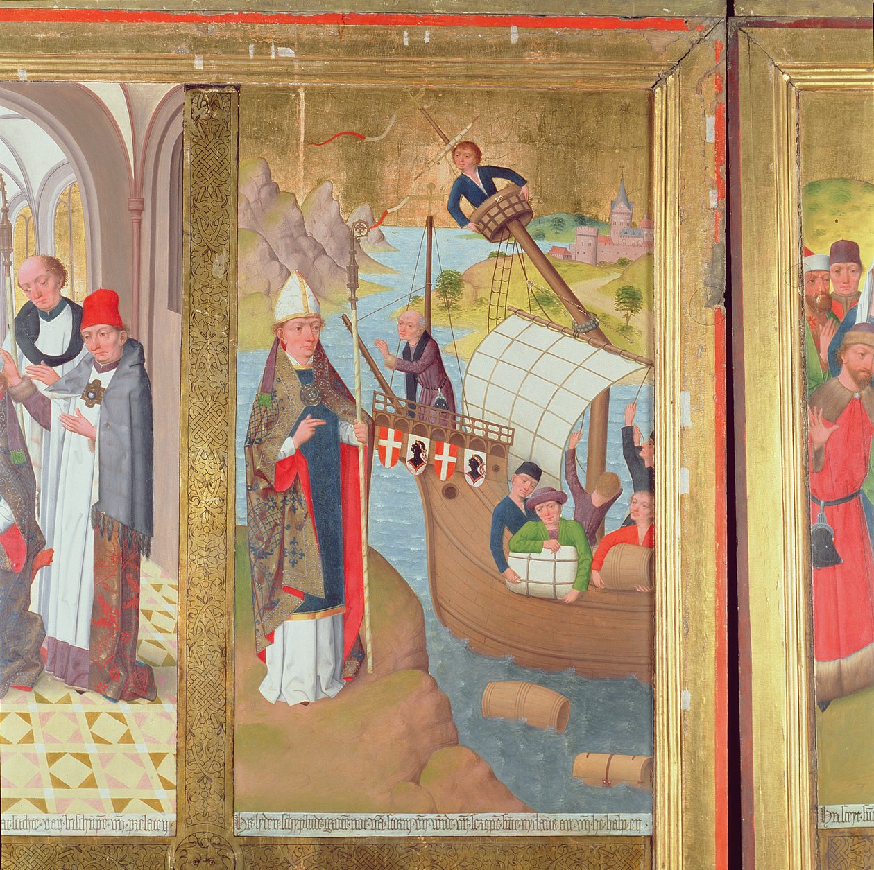 St. Nicholas redder et skip, fra Høyalteret i St. Nicholas Church, 1481 (detalj) (se 197688-89, 197691-92) av Hermen Rode