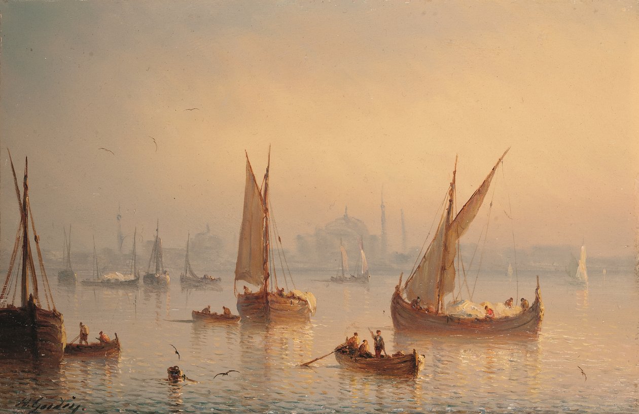 Fartøy på Bosporos, Hagia Sophia-moskeen bortenfor (olje på panel) av Herminie or Henriette (fl.1849 53) Gudin