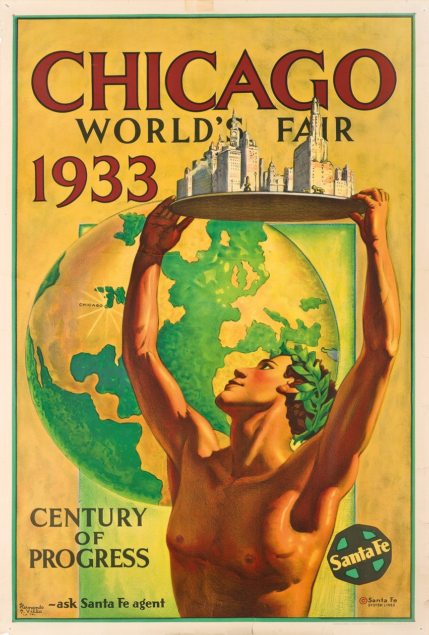 Plakat som reklamerer for verdensutstillingen i Chicago i 1933 av Hernando Villa