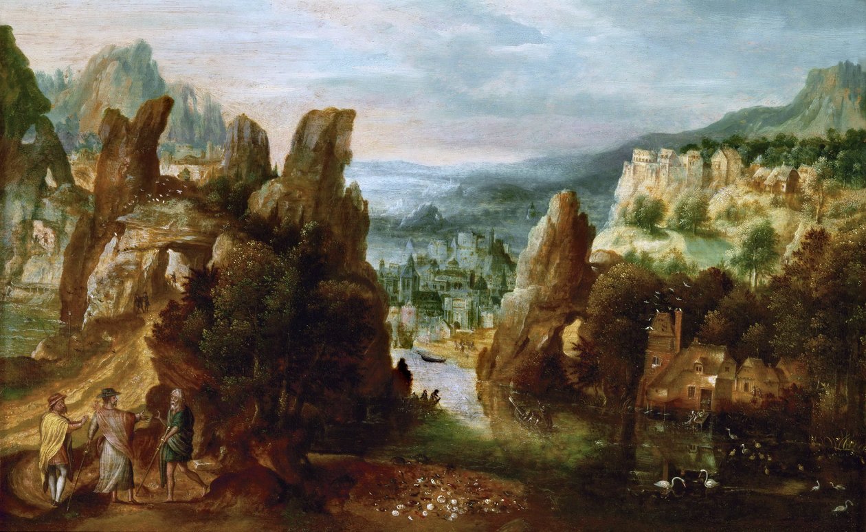 Landskap med veien til Emmaus - Landskap med veien til Emmaus - Henri de Herri met de Bles (1510-1550). Olje på tre, ca 1535-1540. Mål: 14,6 x 33,5 cm. Kunsthistorisk museum, Wien av Herri met de (c.1510 p.1550) Bles