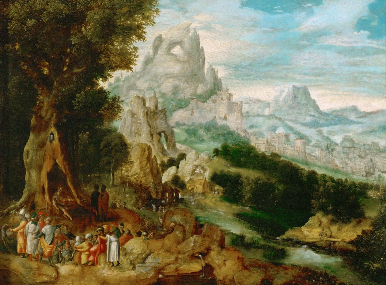 Paysage avec Saint Jean Baptiste prechant - Landskap med Johannes døperens forkynnelse, av Herri met de Bles (Henri Bles) (1510-1550). Olje på tre, ca 1535-1540. Mål: 29x39 cm. Kunsthistorisk museum, Vienne av Herri met de (c.1510 p.1550) Bles