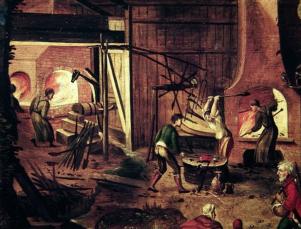 Landskap med Forge av Herri met de Bles