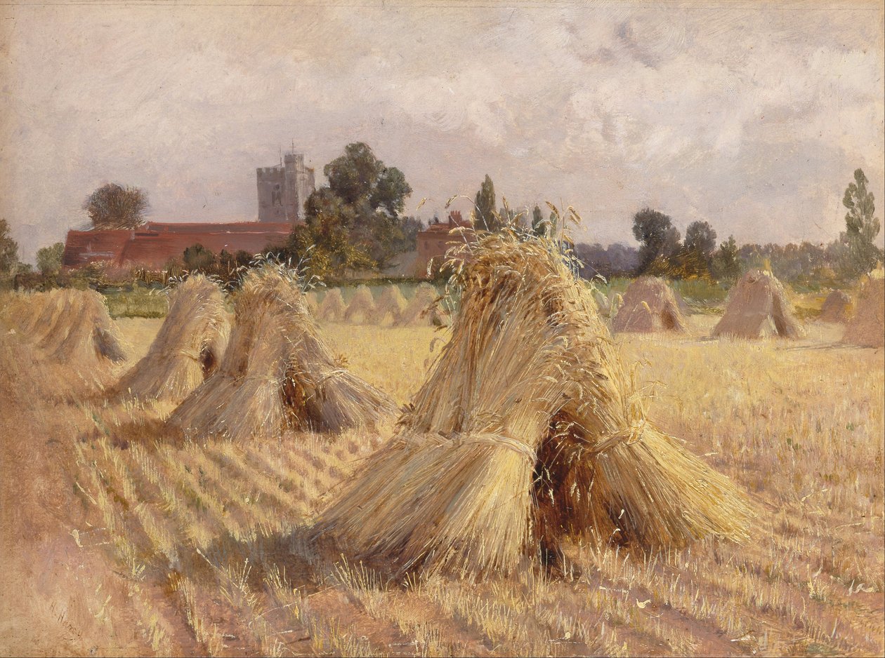Corn Stooks av Bray Church av Heywood Hardy