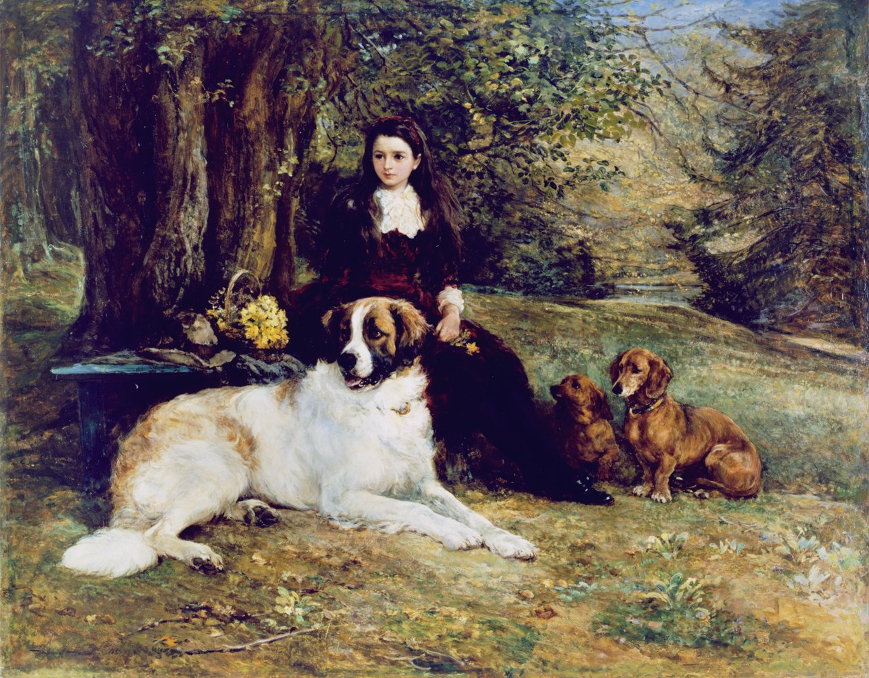 Jente med hund, 1884 av Heywood Hardy