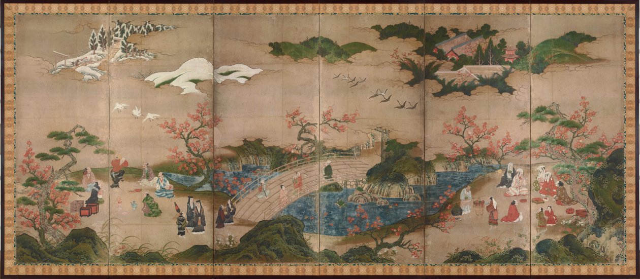 Les spectators des erables (Mapple Viewers) - Skjerm med seks paneler - Verk av Kano Hideyori (aktiv 1565-1576), akvarell og blekk på papir - Japansk kunst av Hideyori Kano