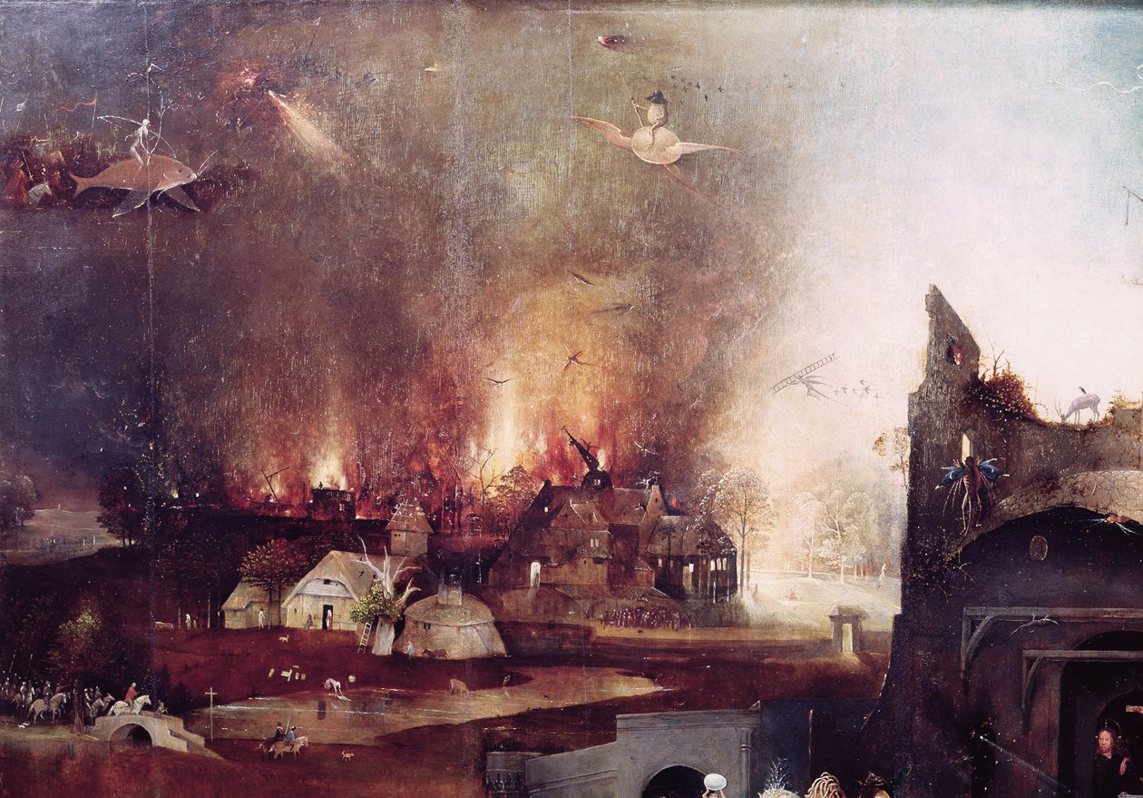 Detalj av landsbyen i brann, fra sentralpanelet til Fristelsen til St. Anthony av Hieronymus Bosch