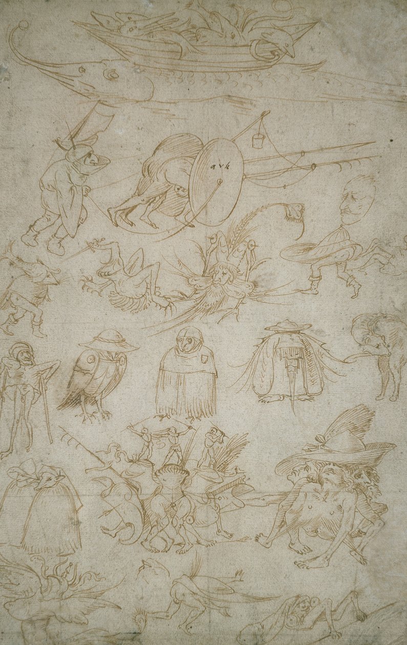 Grotesque Studies (verso), 1400-tallet (penn og bistre på papir) av Hieronymus Bosch
