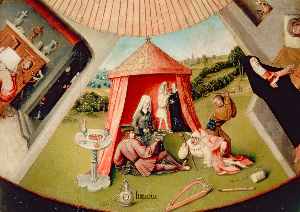 Luksus, detalj fra The Table of the Seven Deadly Sins and the Four Last Things, ca. 1480 (detalj fra 169586) av Hieronymus Bosch
