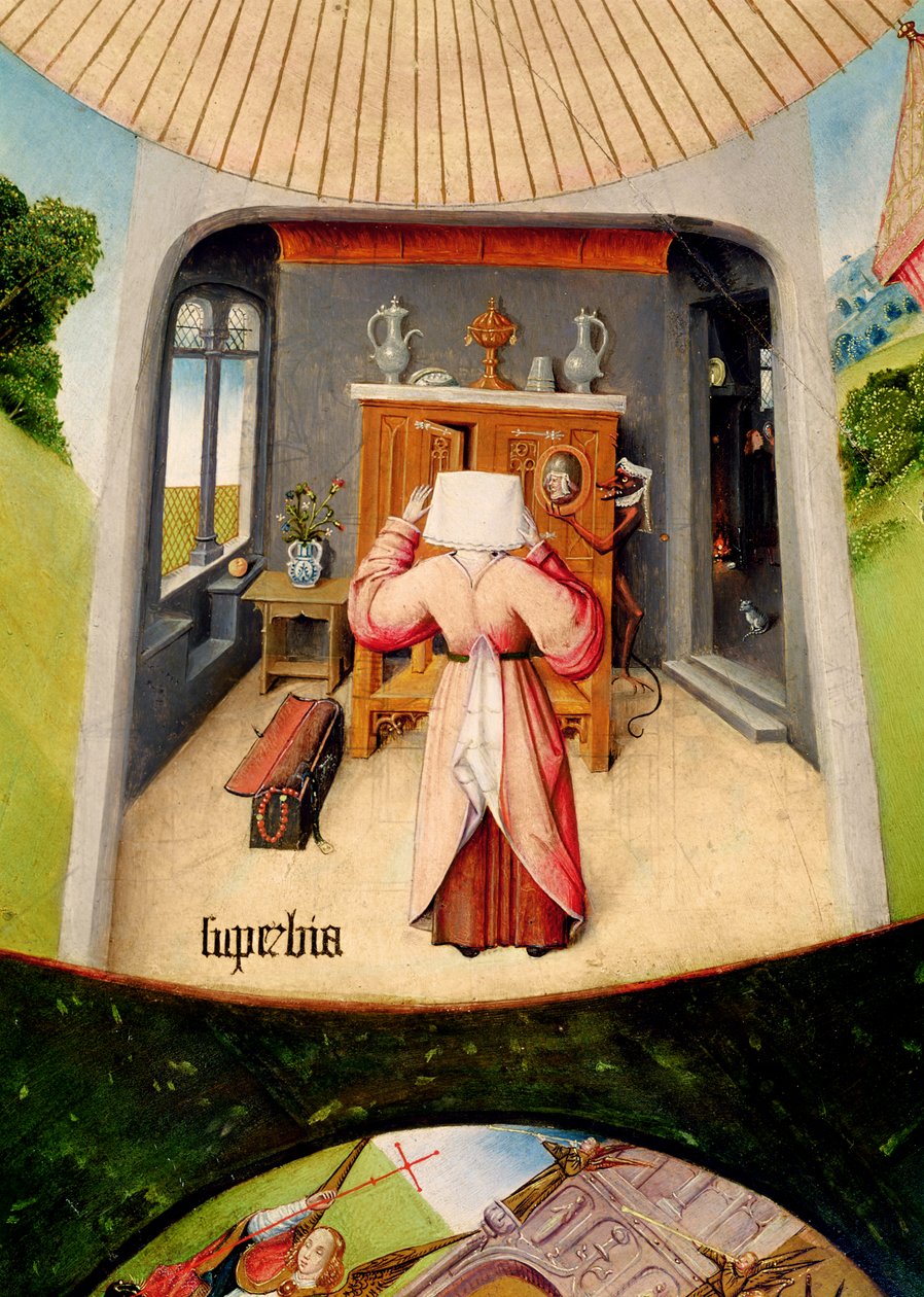 Stolthet, detalj fra tabellen over de syv dødssynder og de fire siste tingene, ca. 1480 (olje på tre) (se også 169586) av Hieronymus Bosch