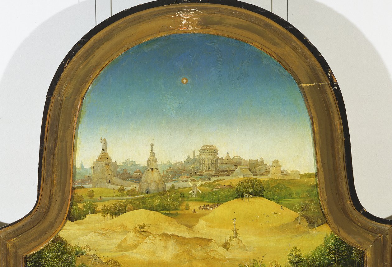 The Adoration of the Magi, detalj av bakgrunn, 1510 olje på panel detalj av 3427 av Hieronymus Bosch