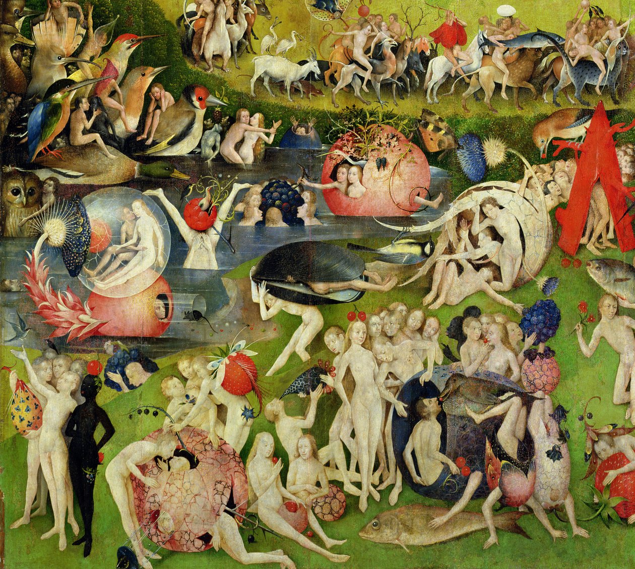 The Garden of Earthly Delights: Allegory of Luxury, sentralt panel av triptyk, ca. 1500 (detalj av 420) av Hieronymus Bosch