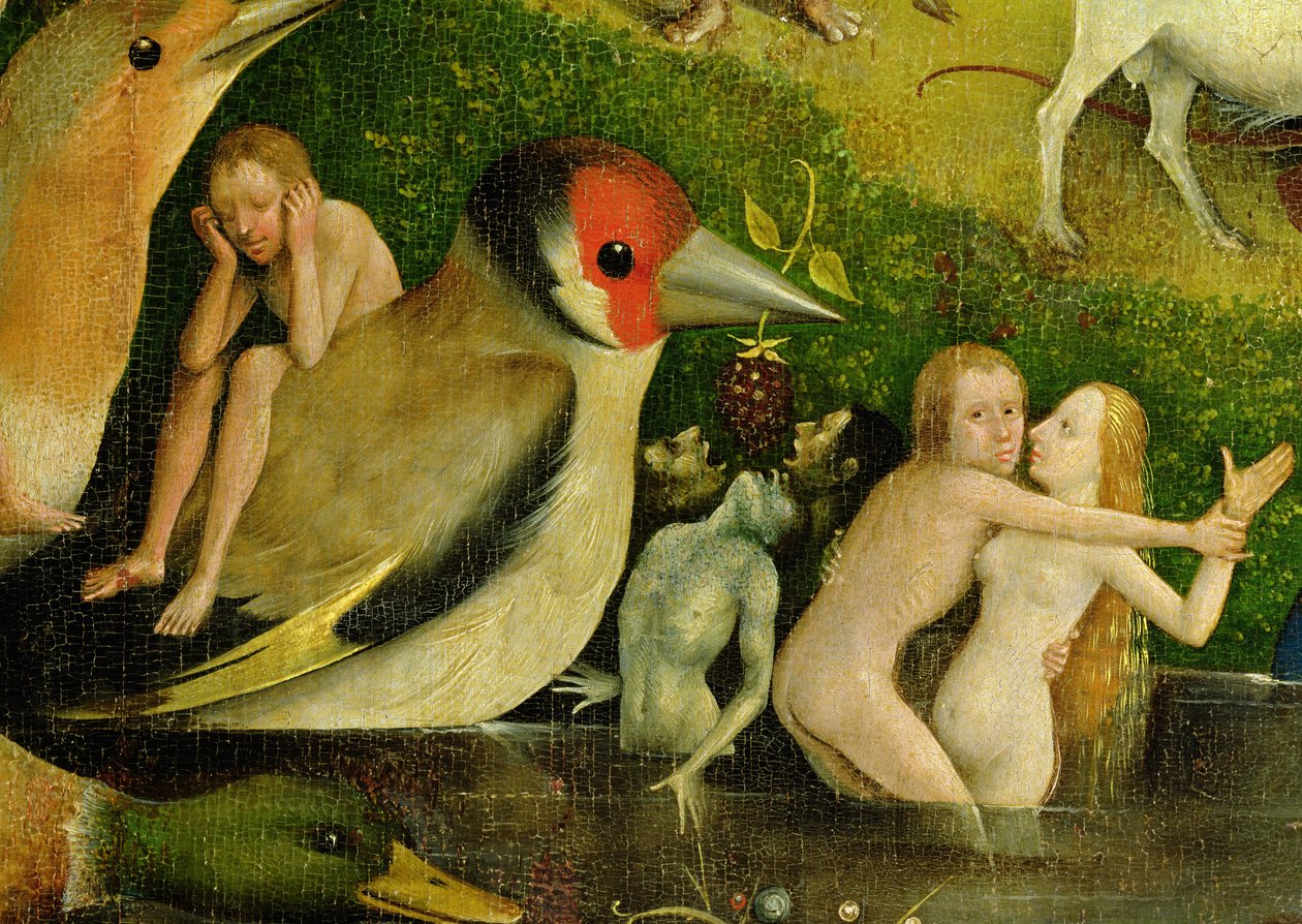 The Garden of Earthly Delights: Allegory of Luxury, sentralt panel av triptyk, detalj av par i vannet og en fugl, ca. 1500 (detalj av 420) av Hieronymus Bosch