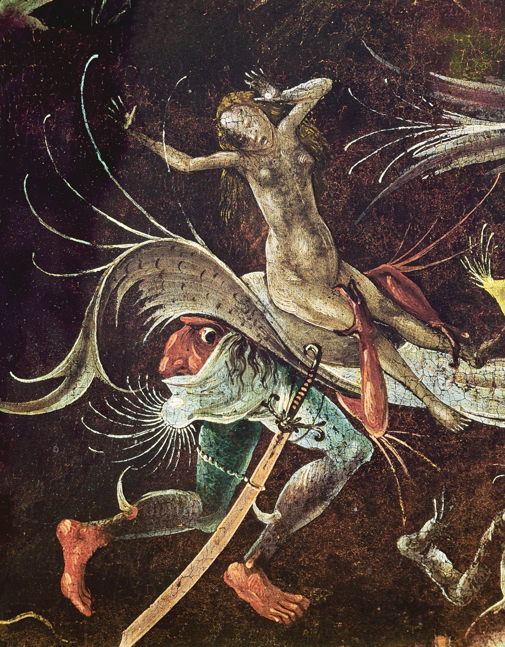 The Last Judgement, detalj av en kvinne som blir båret med av en demon, ca. 1504 av Hieronymus Bosch
