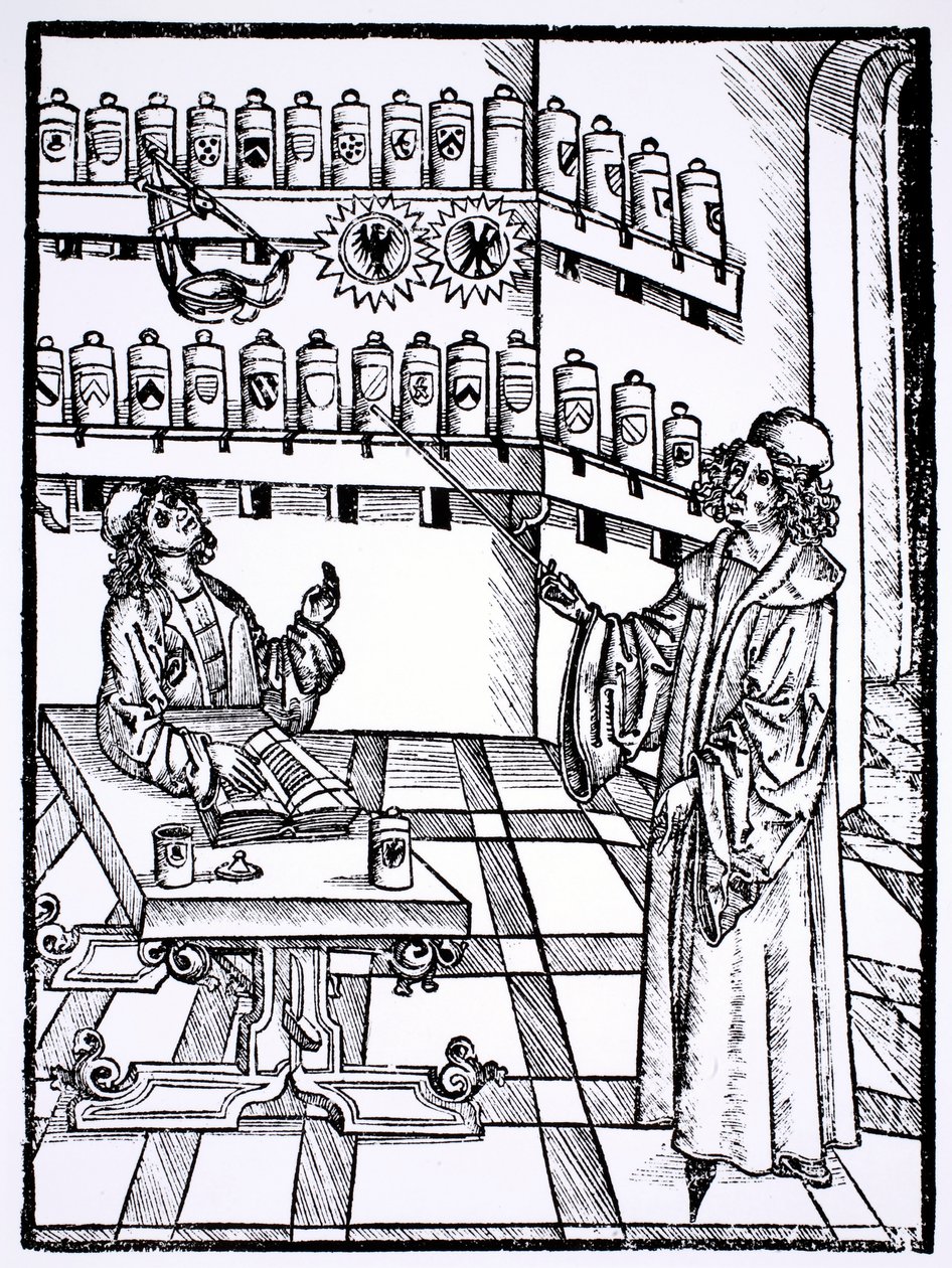 Apotekerbutikk, fra 'Das Buch der Cirugia' utgitt Strasbourg i 1497 av Hieronymus Brunschwig