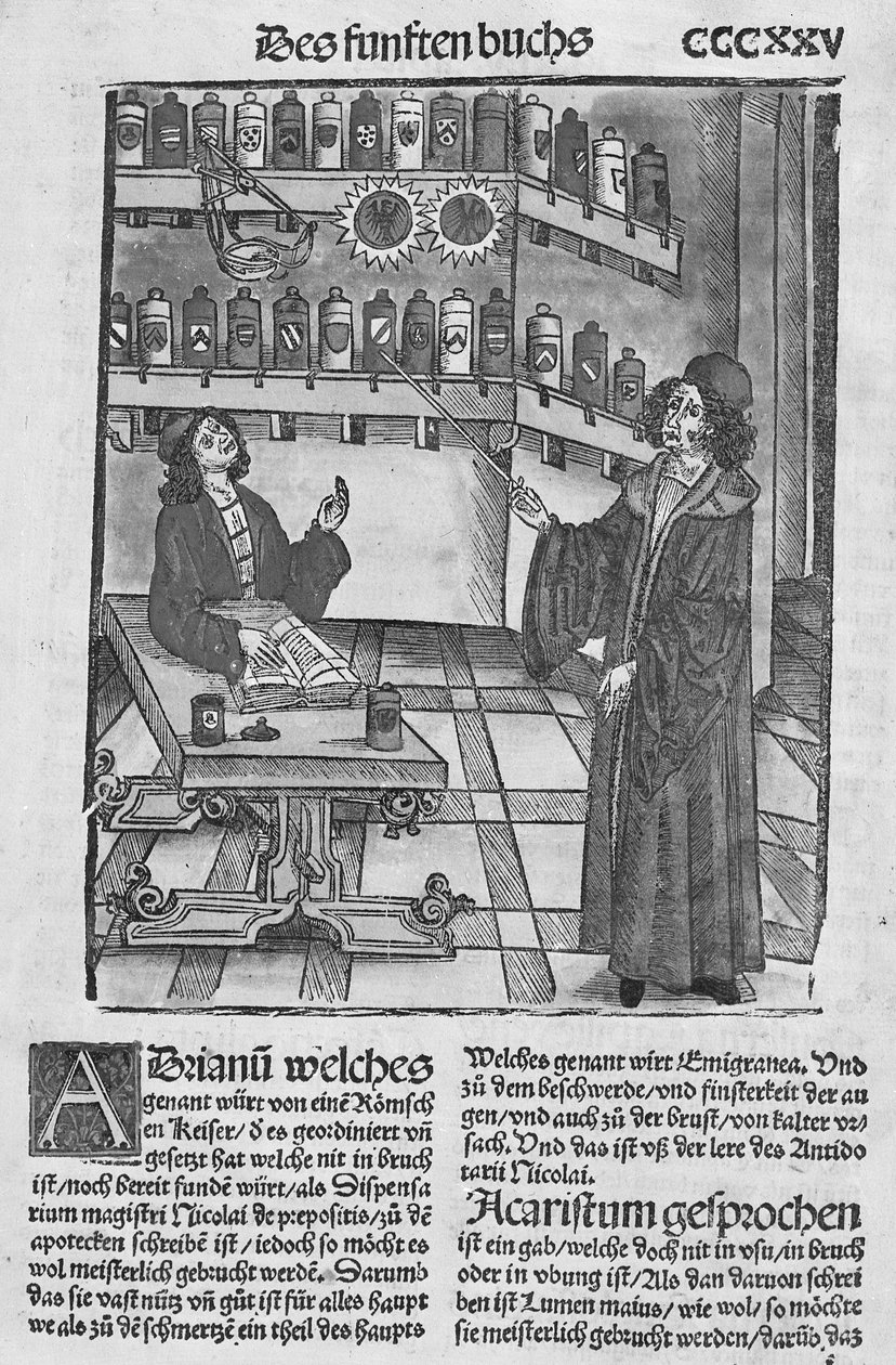 Apotekerbutikk, fra 'Das Buch der Cirugia' utgitt Strasbourg, 1497 av Hieronymus Brunschwig