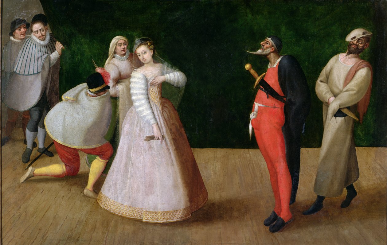 Compagnia dei Comici Gelosi med Isabella Andreini (1562-1604) avbildet med en forestilling i Paris (se også 167901) av Hieronymus Francken