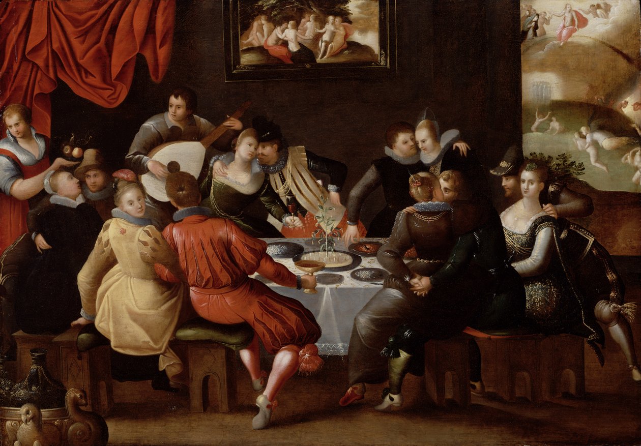 Elegante figurer som fester og disporterer ved et bord med den siste dommen i bakgrunnen av Hieronymus II Francken