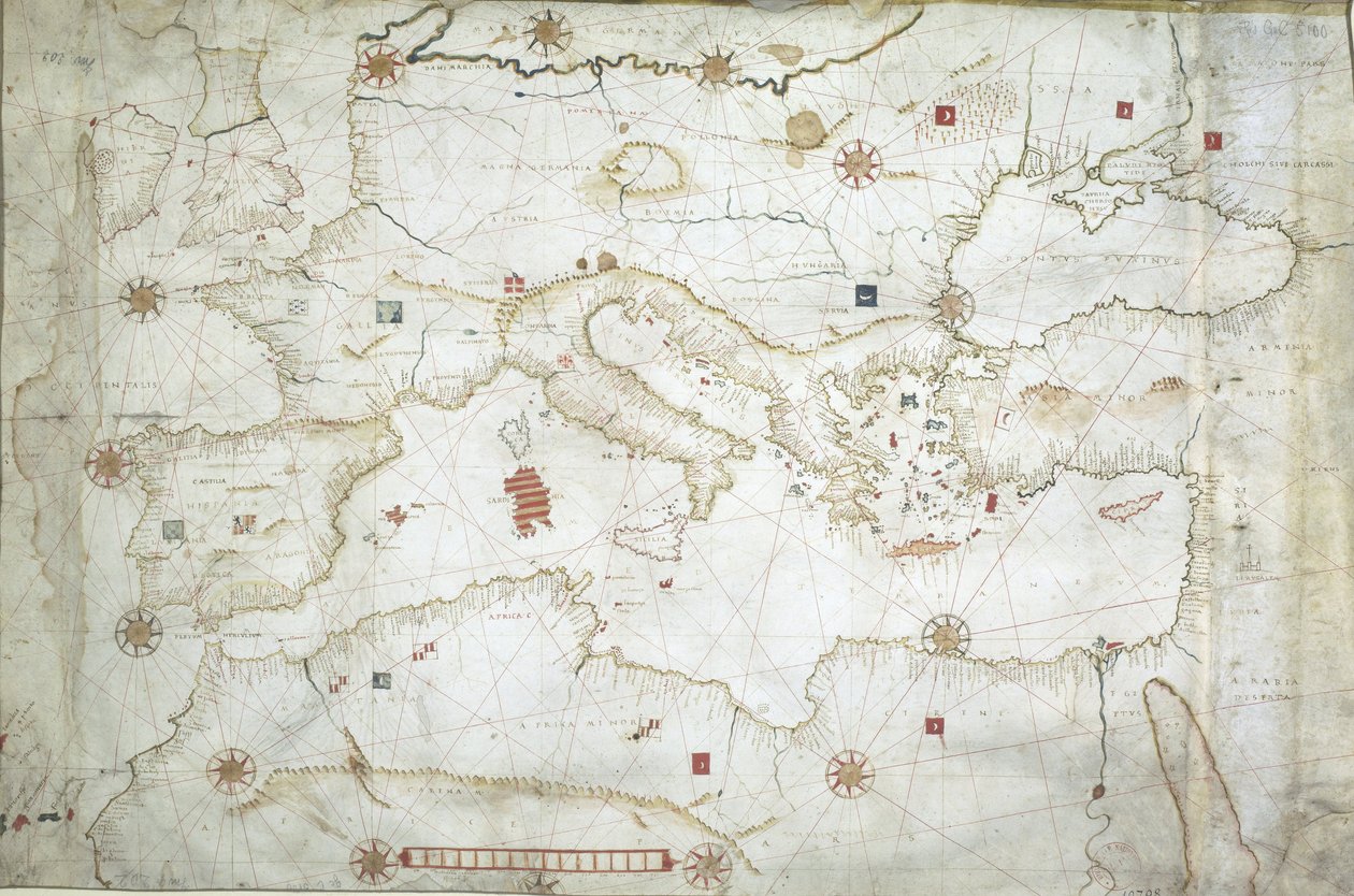 Kart over Middelhavet, Svartehavet og Nordøst -Atlanterhavet av Hieronymus Verrazano