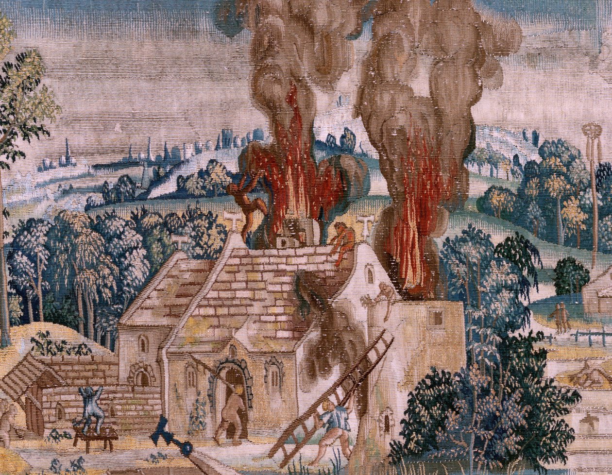 flamsk billedvev. Serie fire billedvev etter Hieronymus Bosch. Sankt Antonius i bønn (San Antonio en oración). Andre billedvev i serien. Modell Inspirert av arbeidet til Hieronymus Bosch. Produksjon Ukjent verksted, Brussel. Før 1560. Stoff Go av Hieronymus (after) Bosch