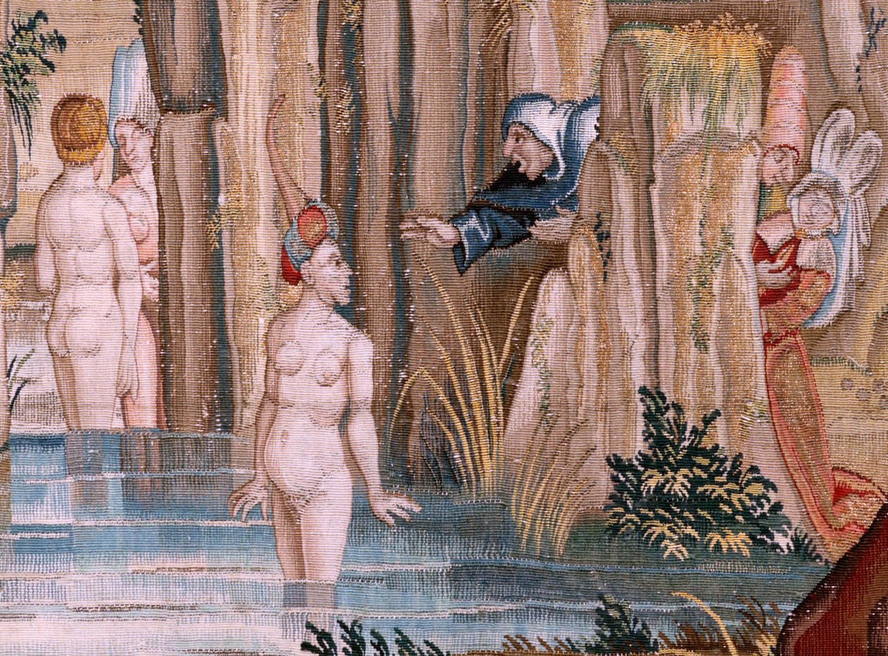 flamsk billedvev. Serie fire billedvev etter Hieronymus Bosch. Sankt Antonius i bønn (San Antonio en oración). Andre billedvev i serien. Modell Inspirert av arbeidet til Hieronymus Bosch. Produksjon Ukjent verksted, Brussel. Før 1560. Stoff Go av Hieronymus (after) Bosch