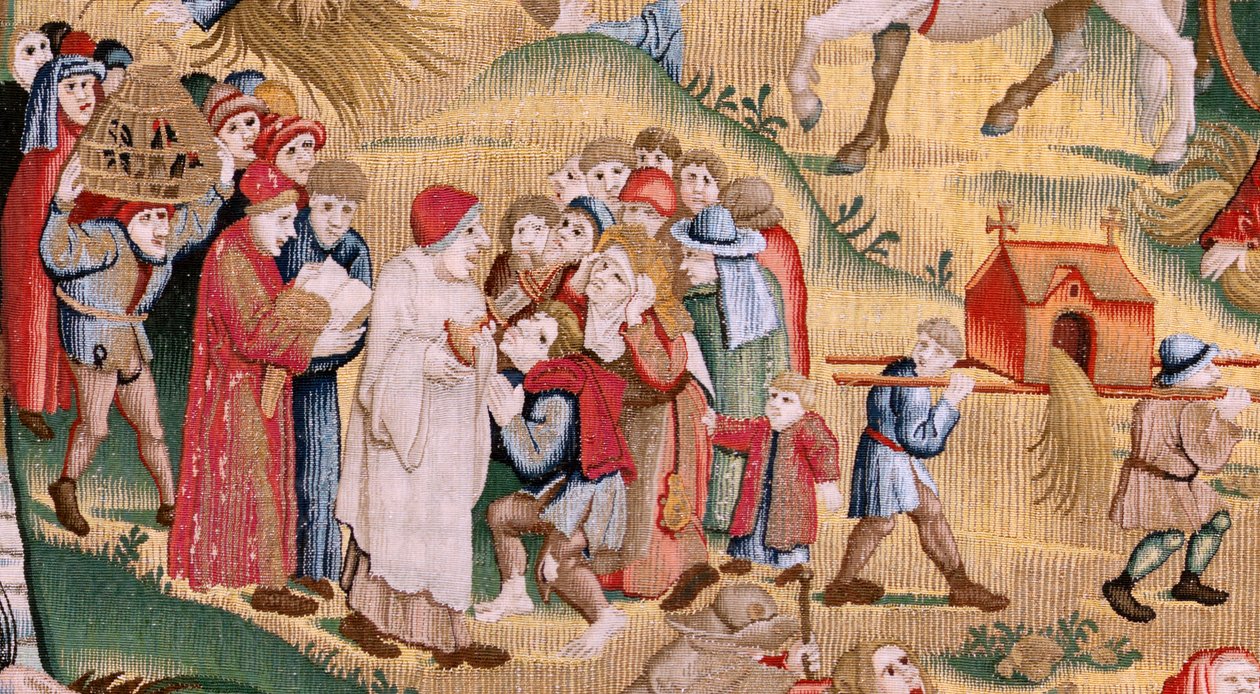 flamsk billedvev. Serie fire billedvev etter Hieronymus Bosch. Menneskelivets trengsler (Tribulaciones de la vida humana). Tredje billedvev i serien. Modell Inspirert av arbeidet til Hieronymus Bosch. Produksjon Ukjent verksted, Brussel. Før 1560 av Hieronymus (after) Bosch