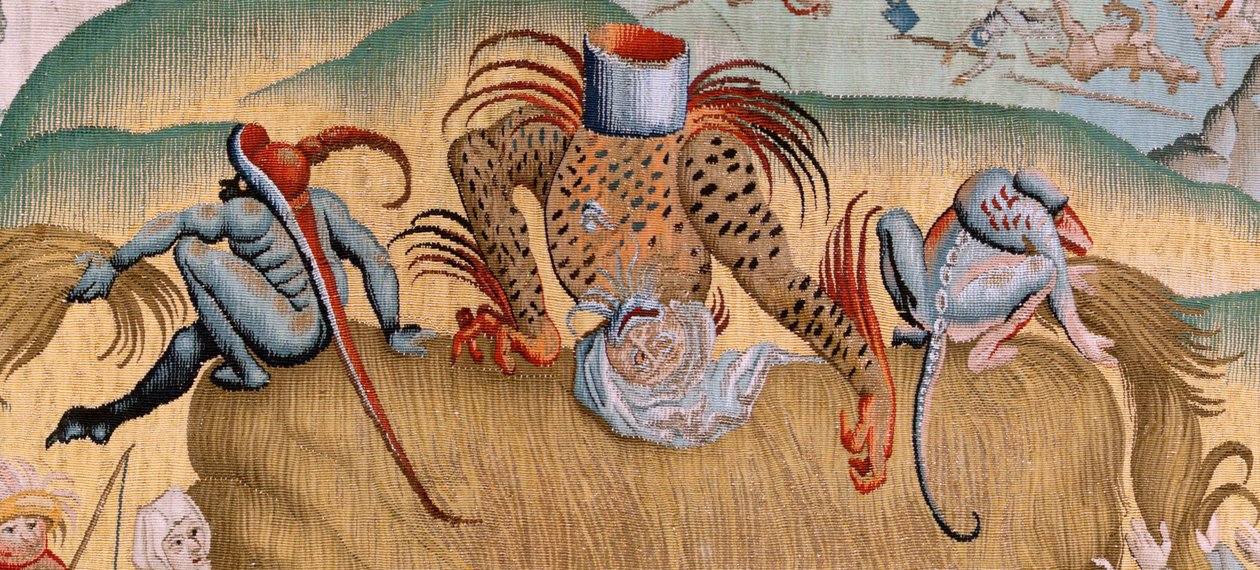 flamsk billedvev. Serie fire billedvev etter Hieronymus Bosch. Menneskelivets trengsler (Tribulaciones de la vida humana). Tredje billedvev i serien. Modell Inspirert av arbeidet til Hieronymus Bosch. Produksjon Ukjent verksted, Brussel. Før 1560 av Hieronymus (after) Bosch