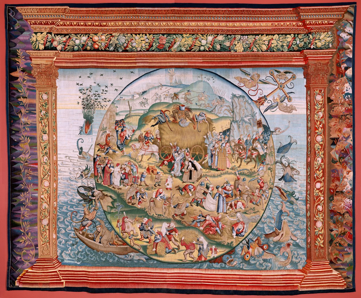 flamsk billedvev. Serie fire billedvev etter Hieronymus Bosch. Menneskelivets trengsler (Tribulaciones de la vida humana). Tredje billedvev i serien. Modell Inspirert av arbeidet til Hieronymus Bosch. Produksjon Ukjent verksted, Brussel. Før 1560 av Hieronymus (after) Bosch