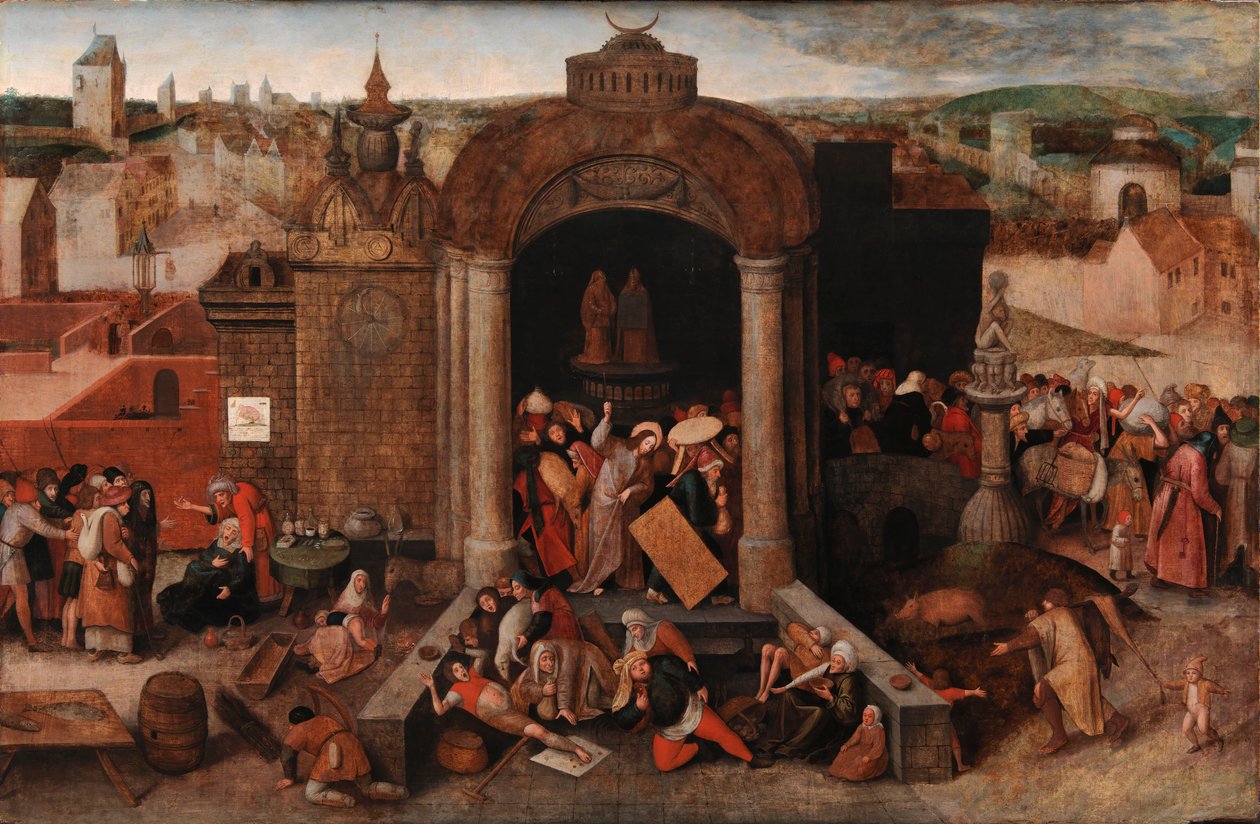 Kristus driver handelsmennene fra tempelet, ca. 1570-5 (olje på panel) av Hieronymus (follower of) Bosch