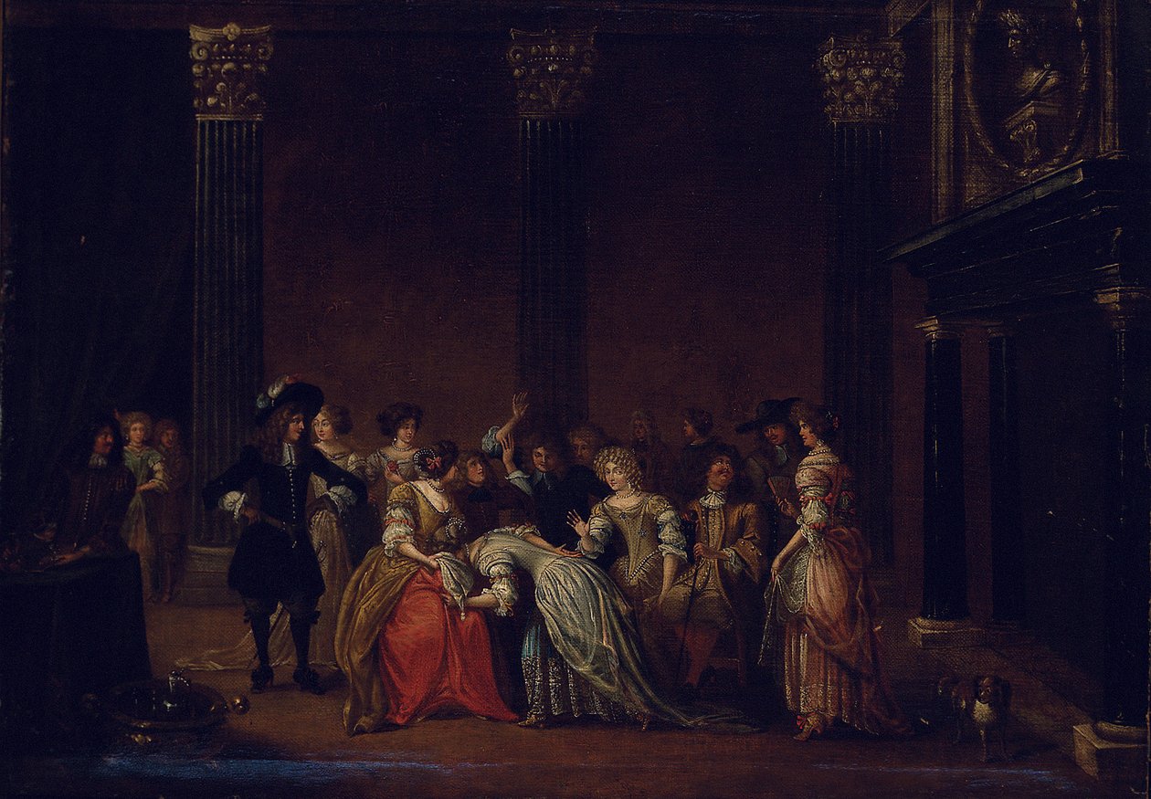 Et elegant selskap i et interiør med en ekteskapstvist (olje på lerret) av Hieronymus (follower of) Janssens