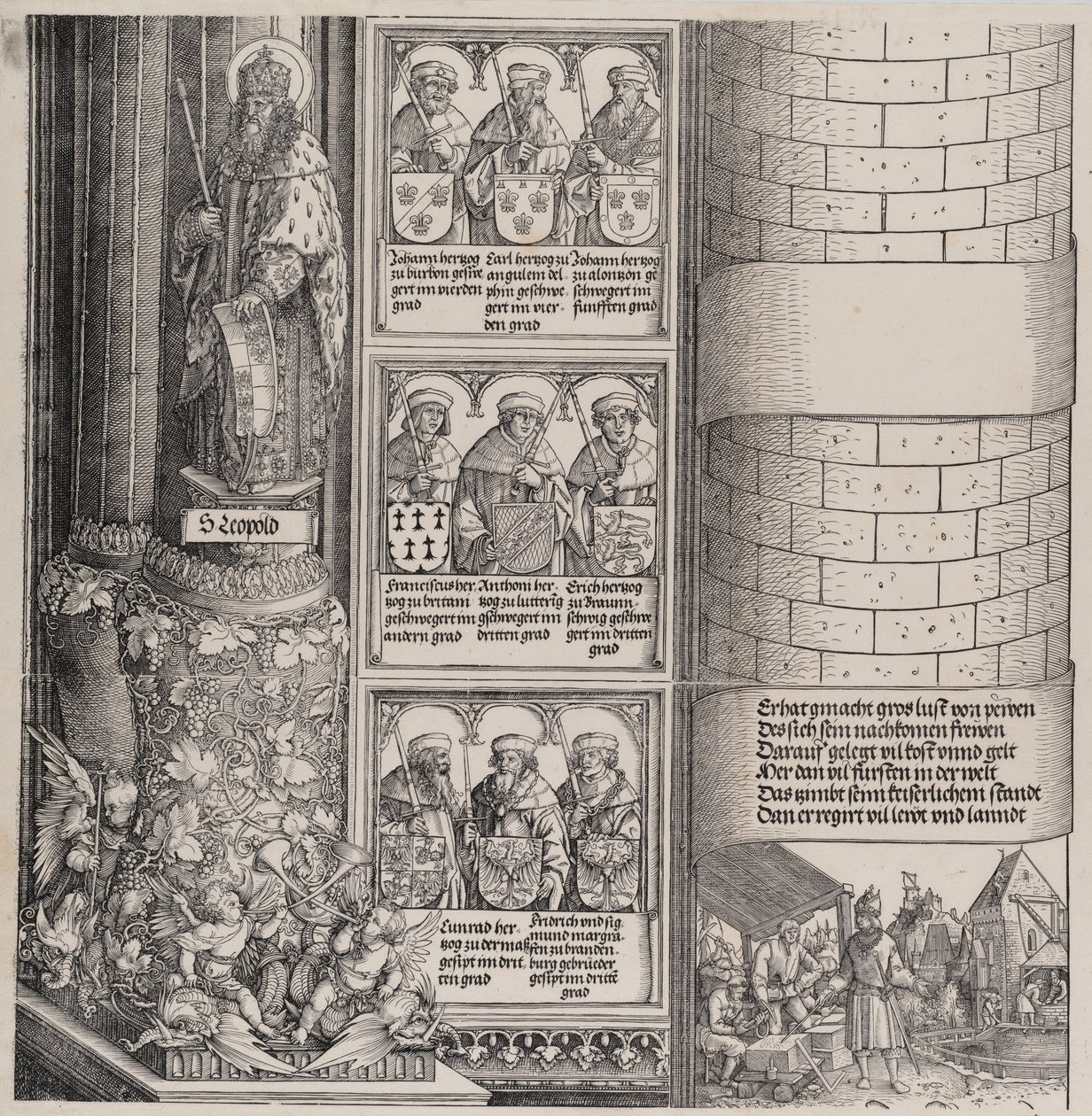 Maximilian som arkitekt, med en statue av St. Leopold, og byster av Maximilians Ance..., 15171518. av Hieronymus Andreae
