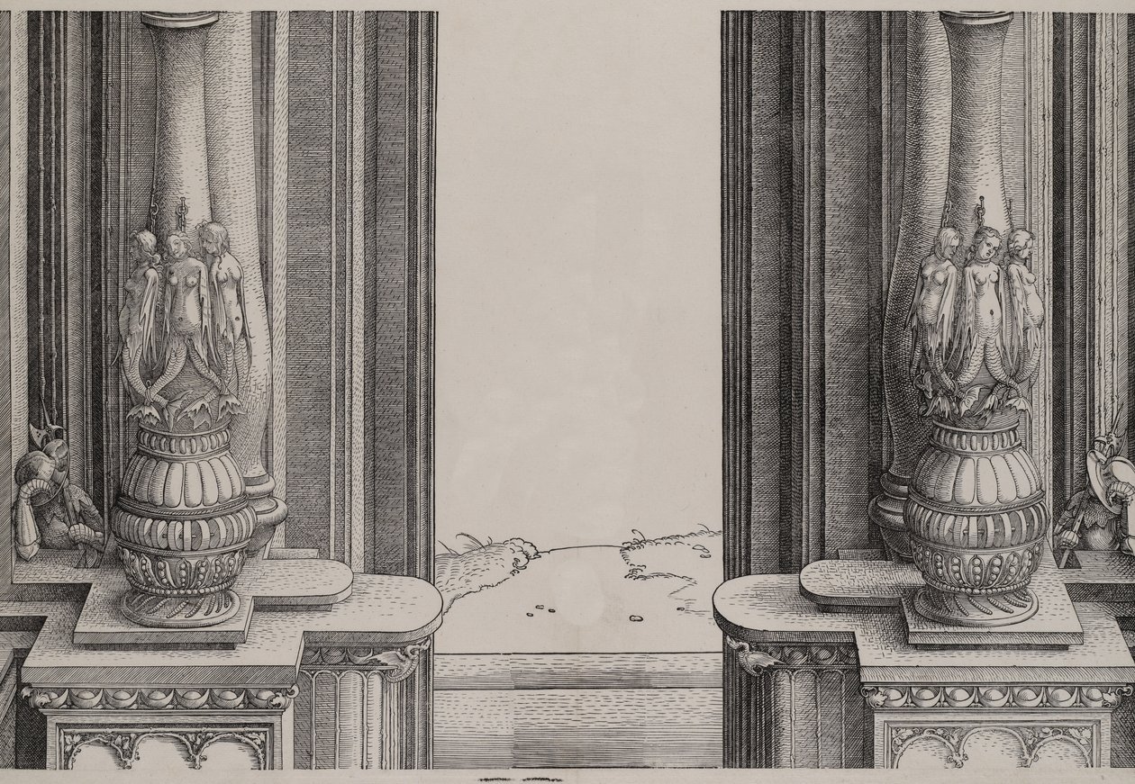 Den midtre delen av inngangspartiet til sentralportalen, søylene dekorert av sirener ..., 1515. av Hieronymus Andreae