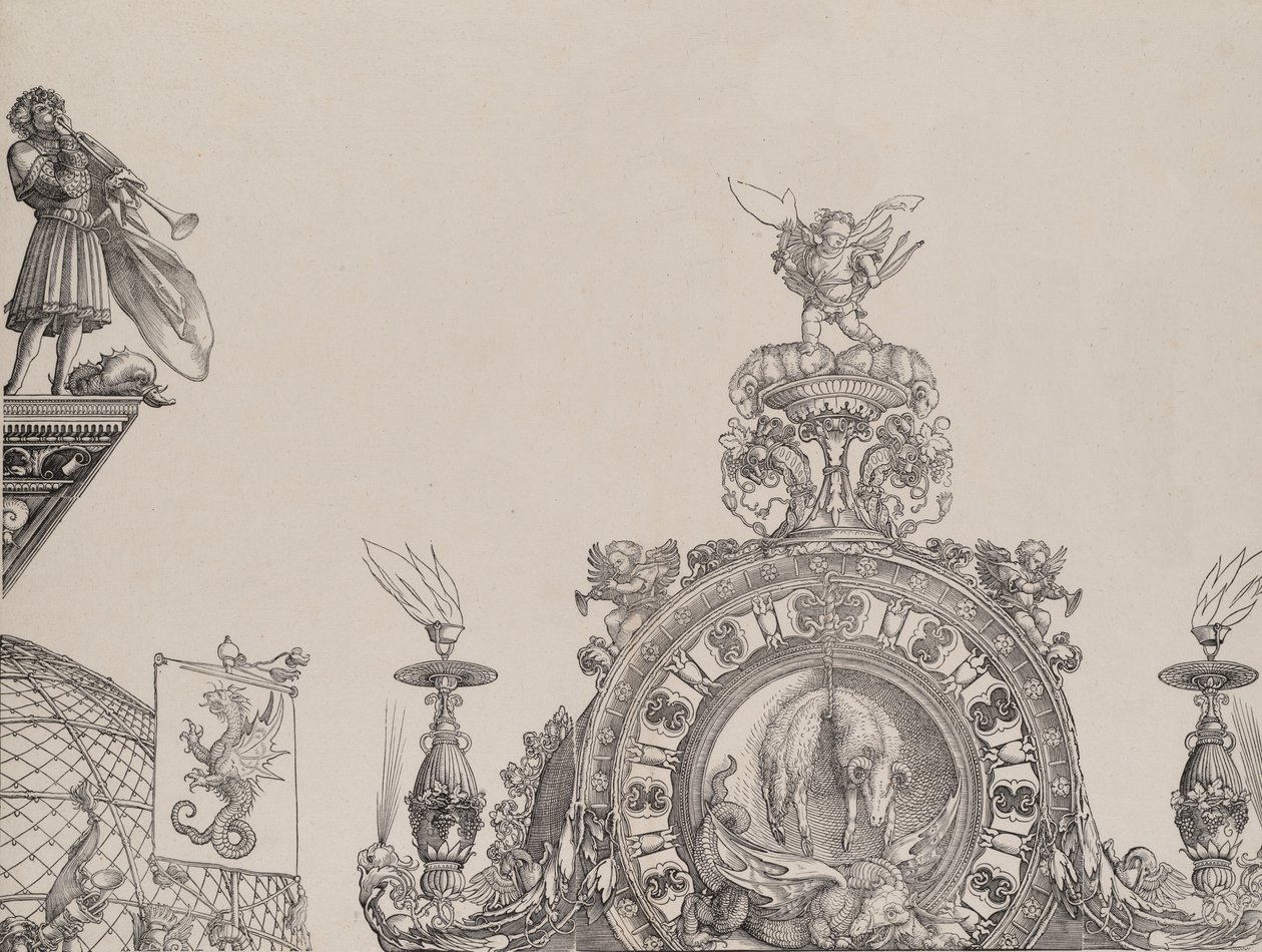 The Pinnacle of the Right Portal, og en trompetist og standard fra sentralportalen, fr..., 1515. av Hieronymus Andreae
