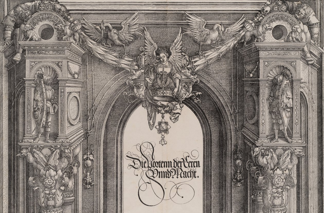 Den øvre delen av inngangspartiet til sentralportalen med en bevinget figur som holder I..., 1515. av Hieronymus Andreae
