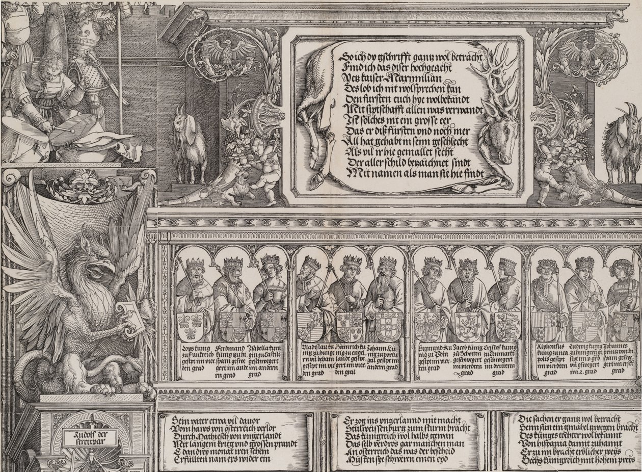Den øvre delen av den høyre portalen, med inskripsjonen på et hjorthud, en frise med ..., 1515. av Hieronymus Andreae