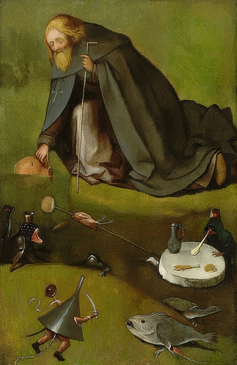 Fristelsen til Saint Anthony. Rundt 1500-10 av Hieronymus Bosch