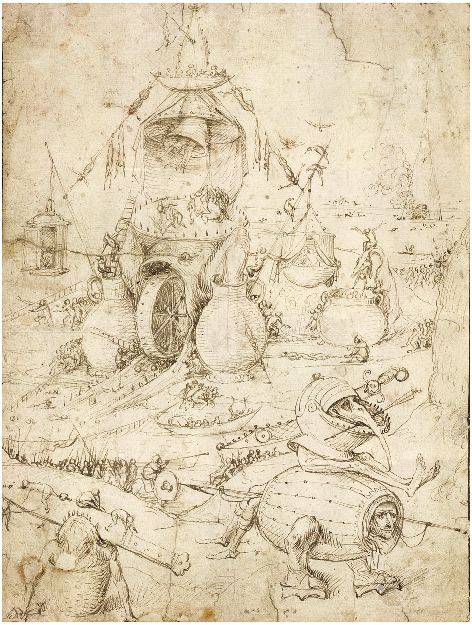 Infernalsk landskap par Bosch, Hieronymus (ca. 1450-1516). Penn, brunt indisk blekk på papir, ca. 1500, Privat samling av Hieronymus Bosch