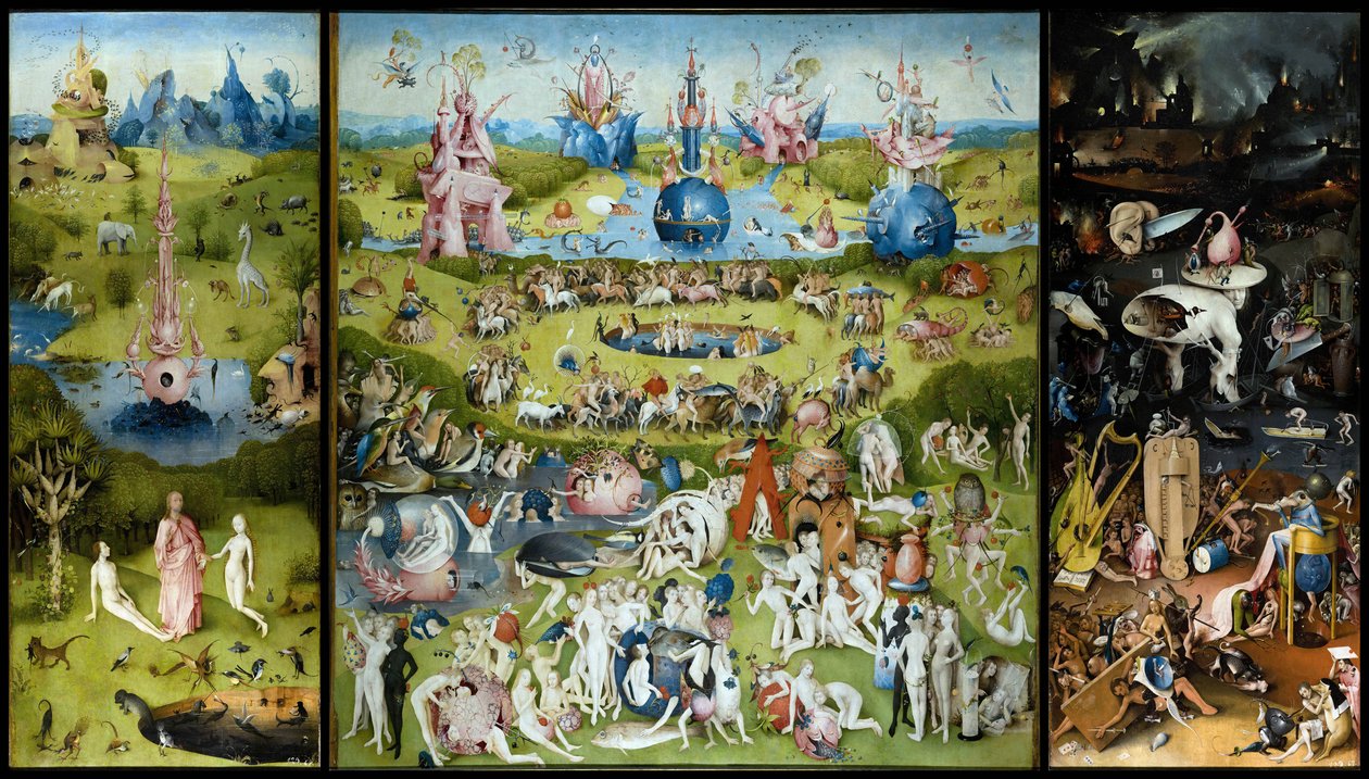 ""Hage med jordiske gleder"" Venstre panel: skapelsen av Adam og Eva. Sentralpanel: elskerne nyter fruktene. Høyre panel: helvete. Tryptyk av Hieronymus Van Aeken (Aken) kjent som Jerome Bosch (1450-1516) av Hieronymus Bosch