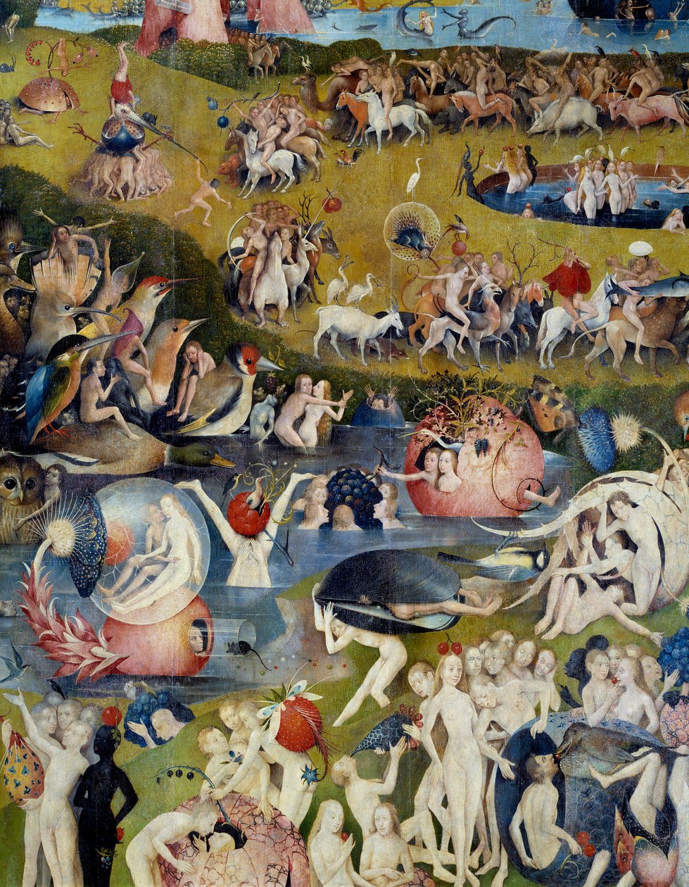 Menn og kvinner nyter jordens gleder. Detalj av den sentrale delen av tryptiken til "The Garden of Terrestrial Delices"" av Hieronymus Van Aeken (Aken) dit Jerome Bosch (1450-1516) av Hieronymus Bosch