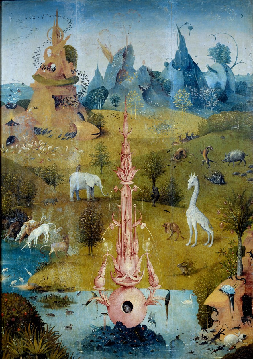 Paradise La Fontaine. Detalj av venstre del av triptyken til "Delicens hage"" av Hieronymus Van Aken (Aken) dit Jerome Bosch (1450-1516) av Hieronymus Bosch